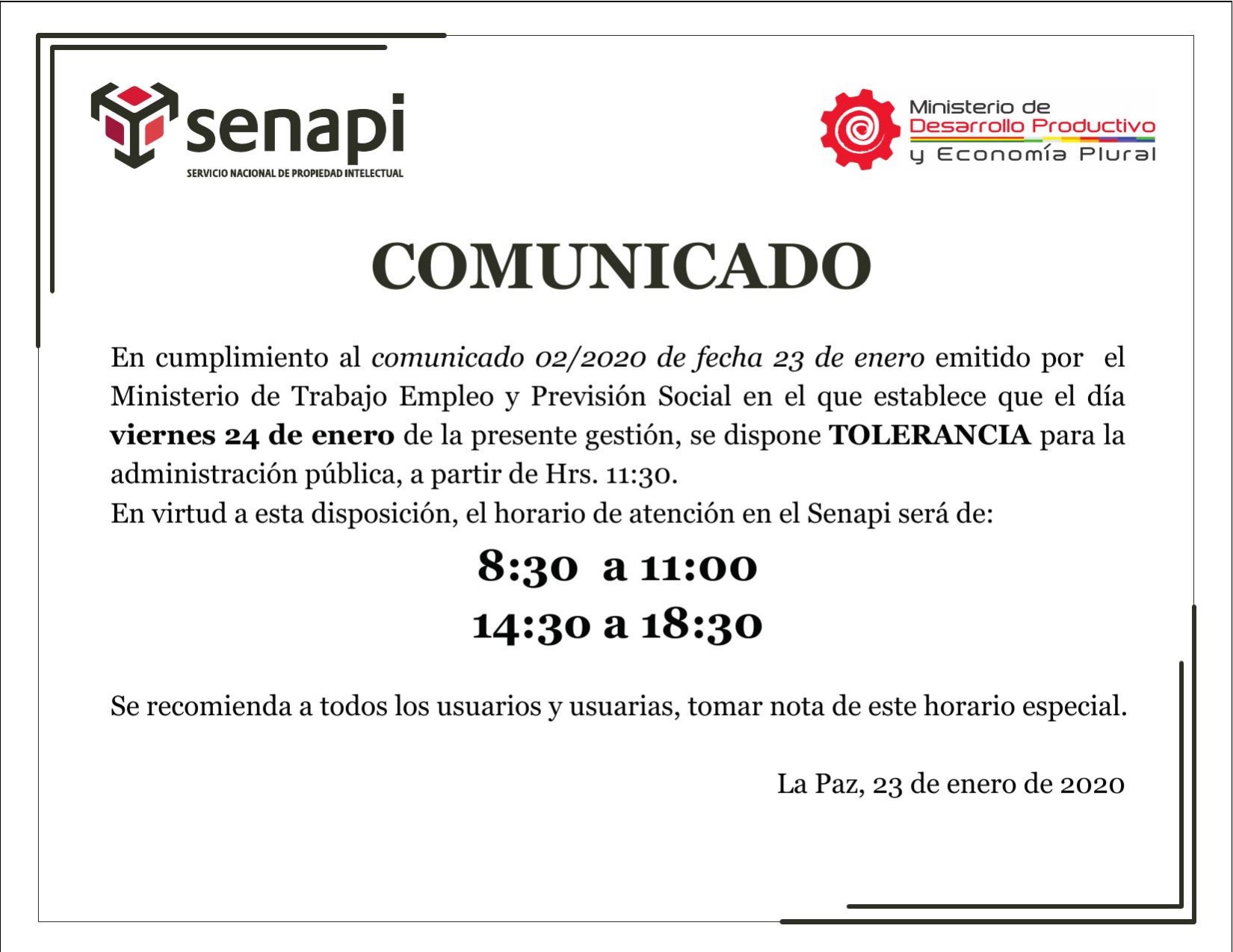 Horario Especial Tolerancia 24 de enero de 2020