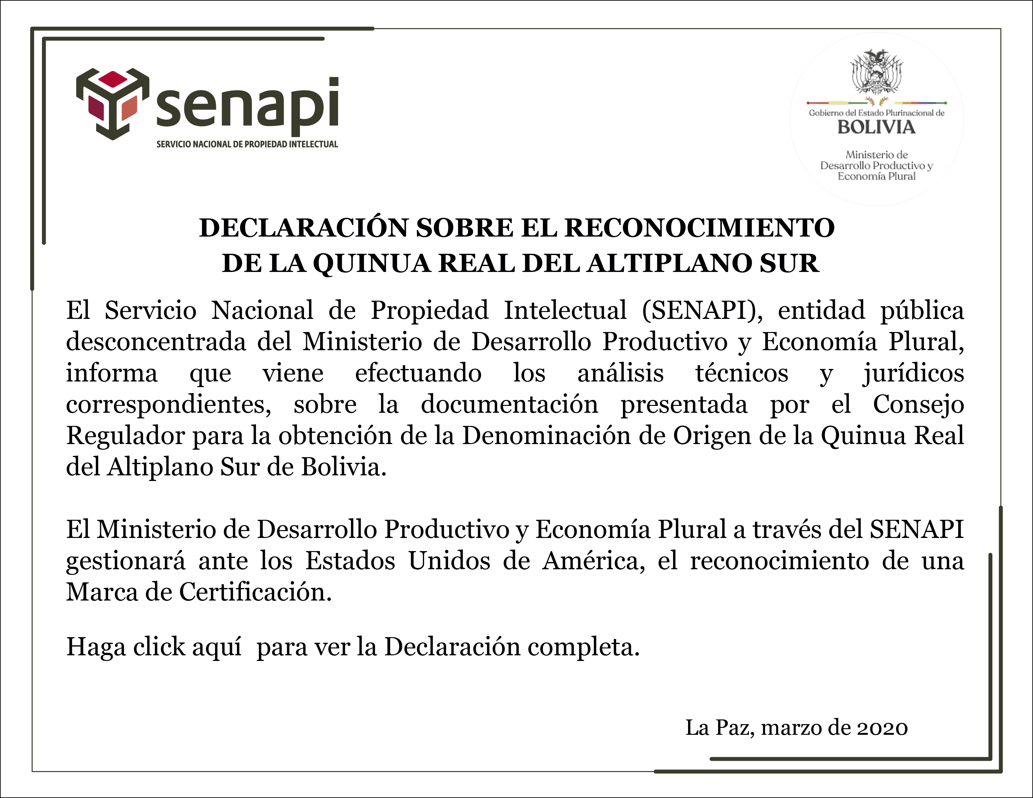 Declaración sobre el reconocimiento de la Quinua real del altiplano sur