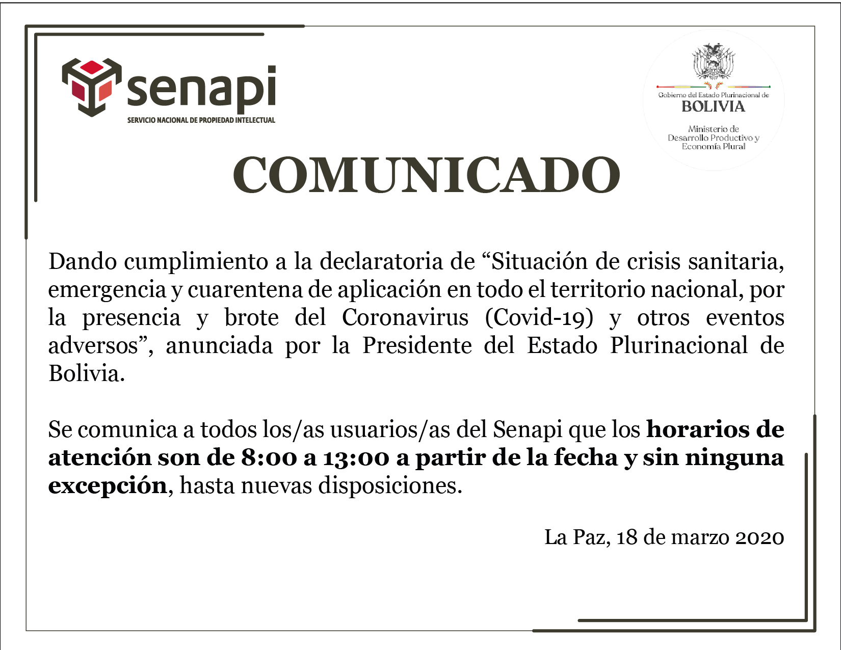 Horarios de atención de 8:00 a 13:00 a partir de 18 de marzo de 2020