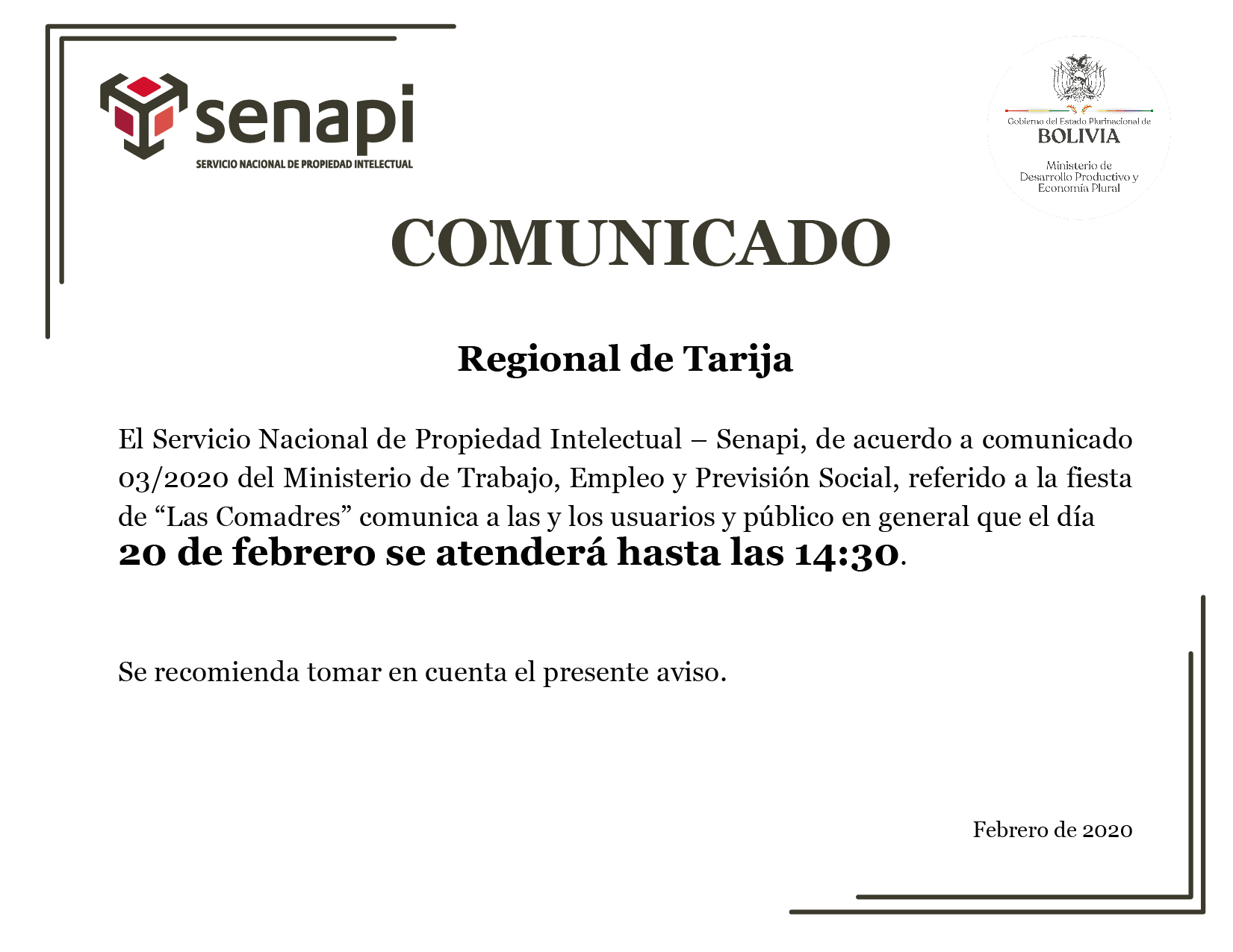 Horario continuo regional Tarija 20 de febrero de 2020