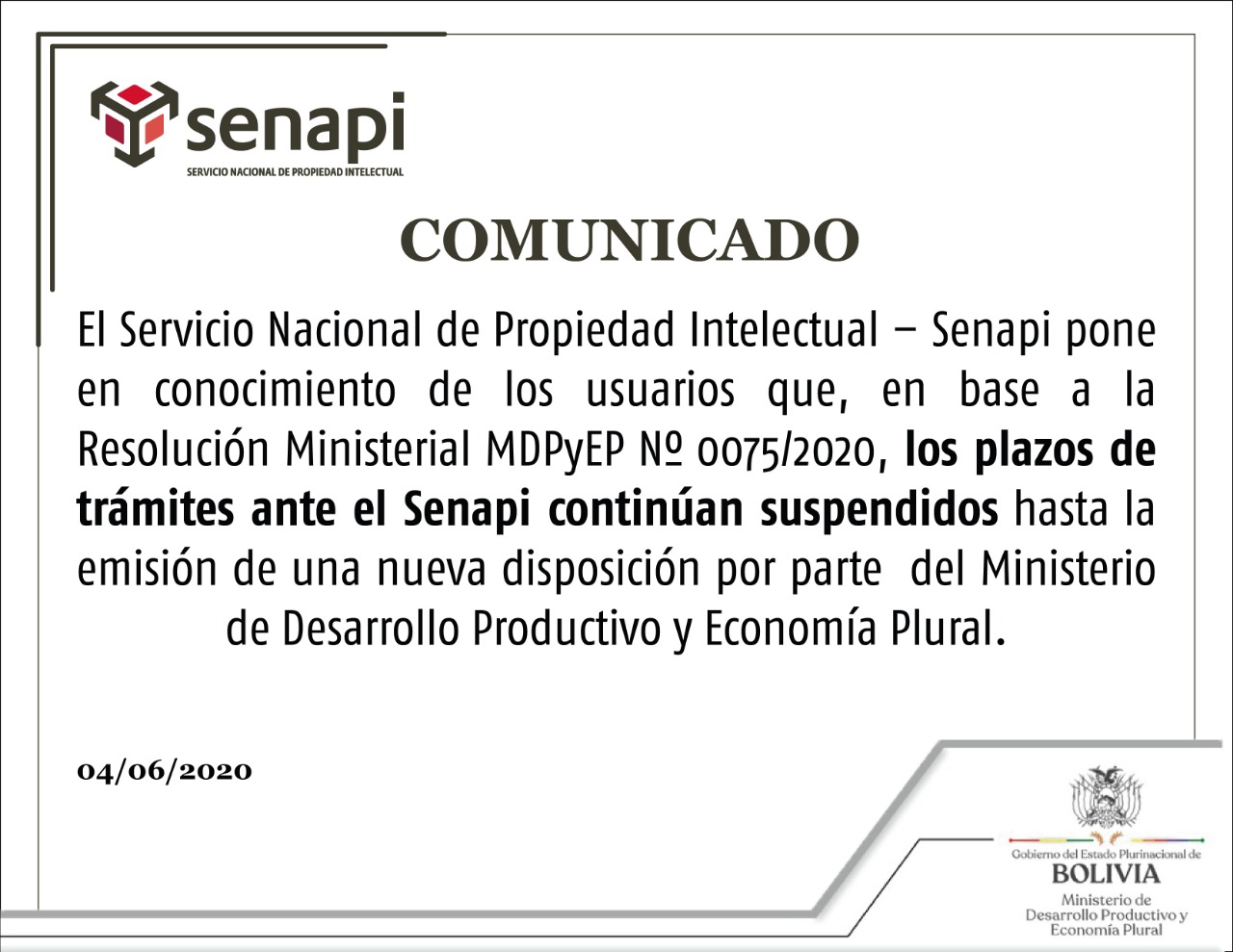 Plazos de trámites ante el Senapi  continúan suspendidos