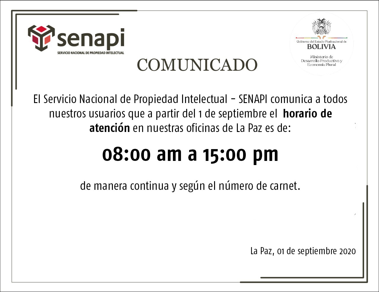 Horarios de atención en La Paz de 8:00 a 15:00 a partir de 01 de septiembre de 2020