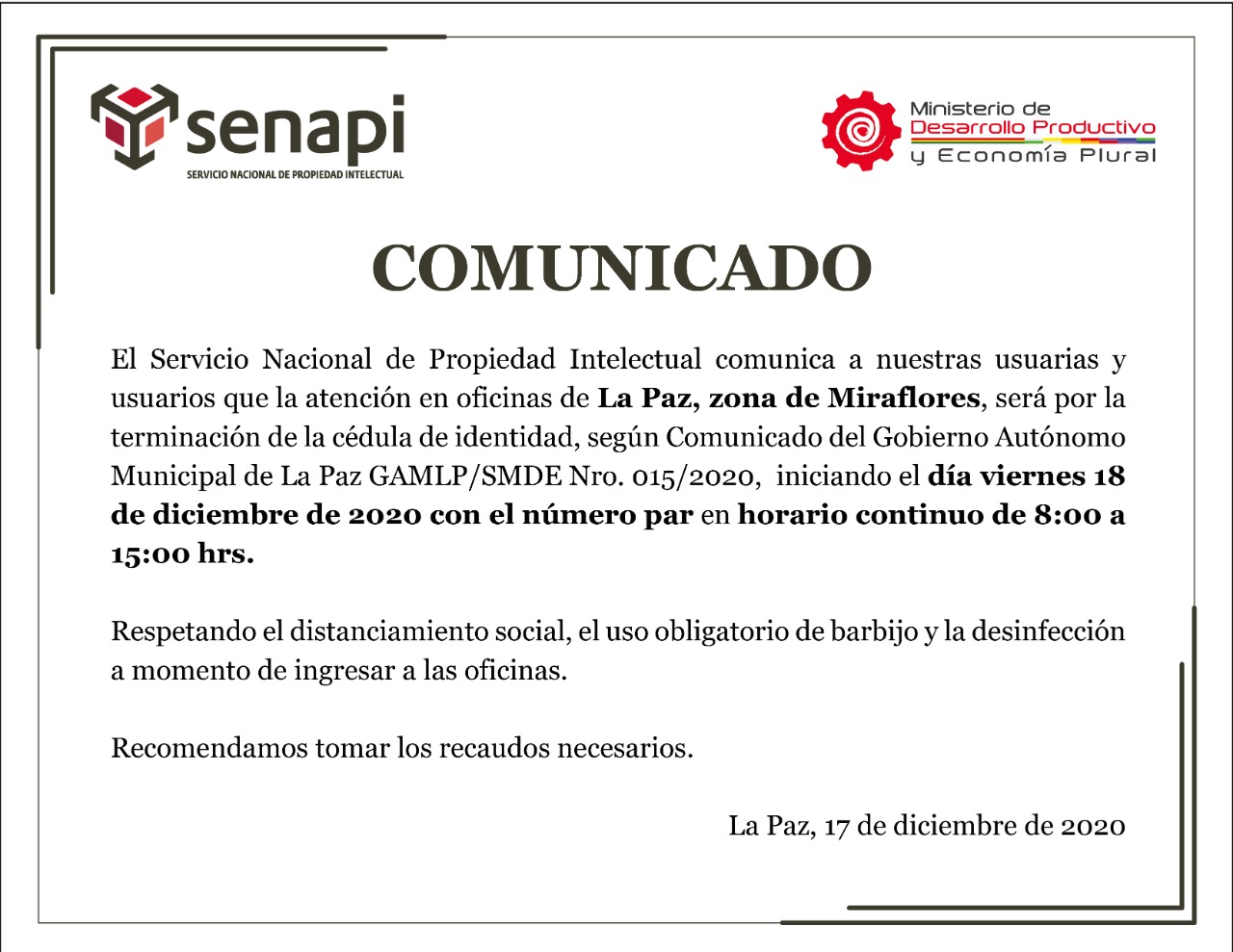 Comunicado la atención por la terminación de la cédula de identidad, según Comunicado de Gobierno Municipal de La Paz