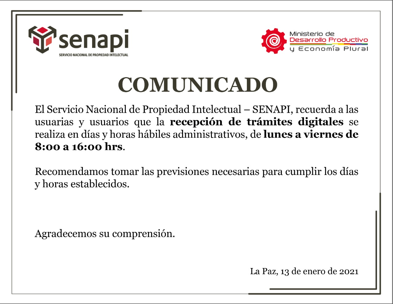 Horario de recepción de trámites digitales de lunes a viernes de 8:00 a 16:00 hrs.