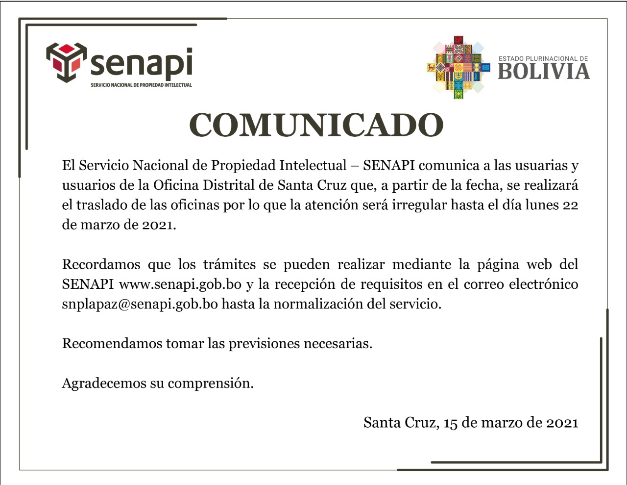 Traslado de Oficina Distrital de Santa Cruz, la atención sera irregular hasta el día 22 de marzo de 2021