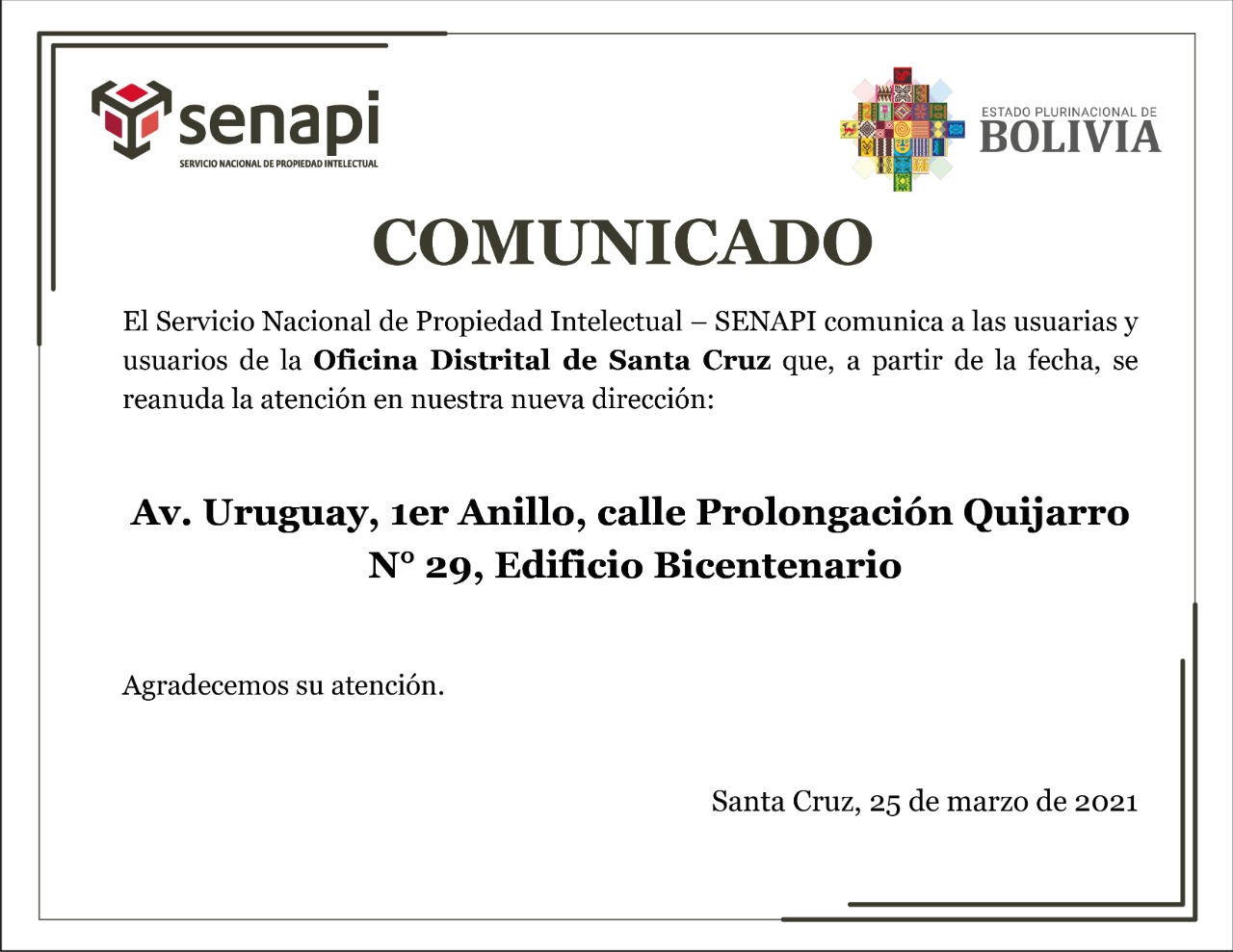 Nueva dirección Oficina Distrital Santa Cruz - SENAPI