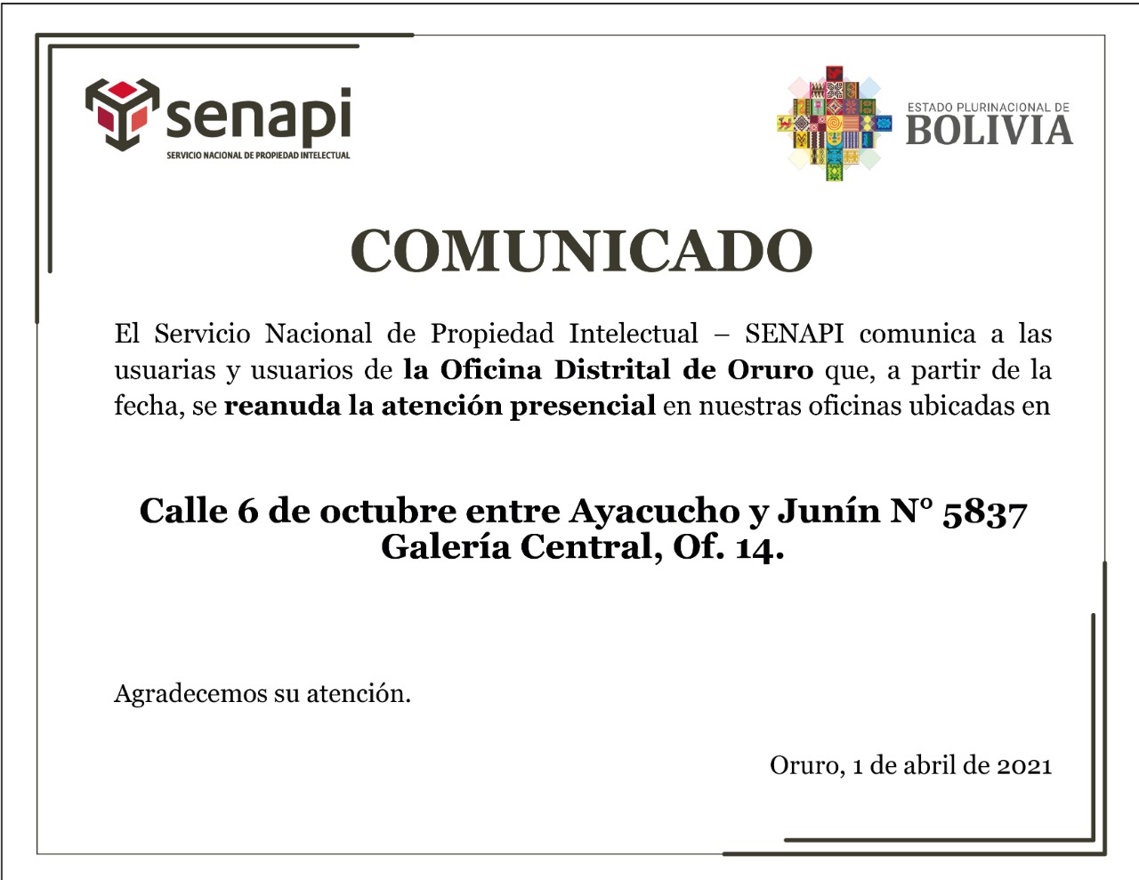 Oficina Distrital de Oruro reanuda la atención presencial