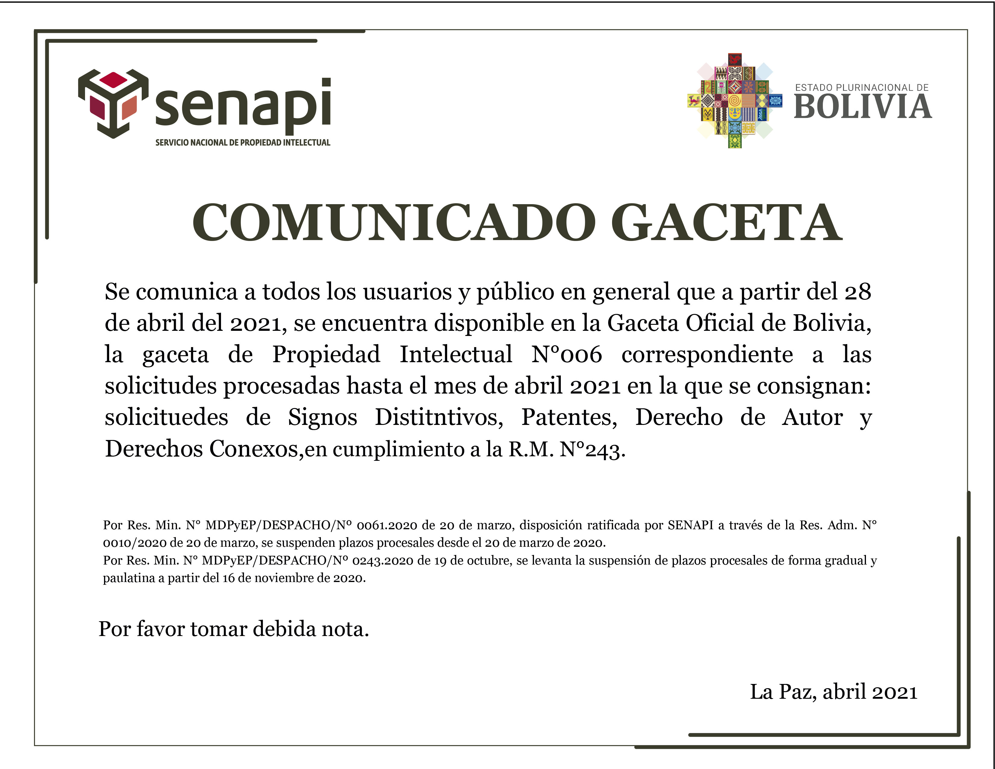 Gaceta N°006 de Propiedad Intelectual diponible