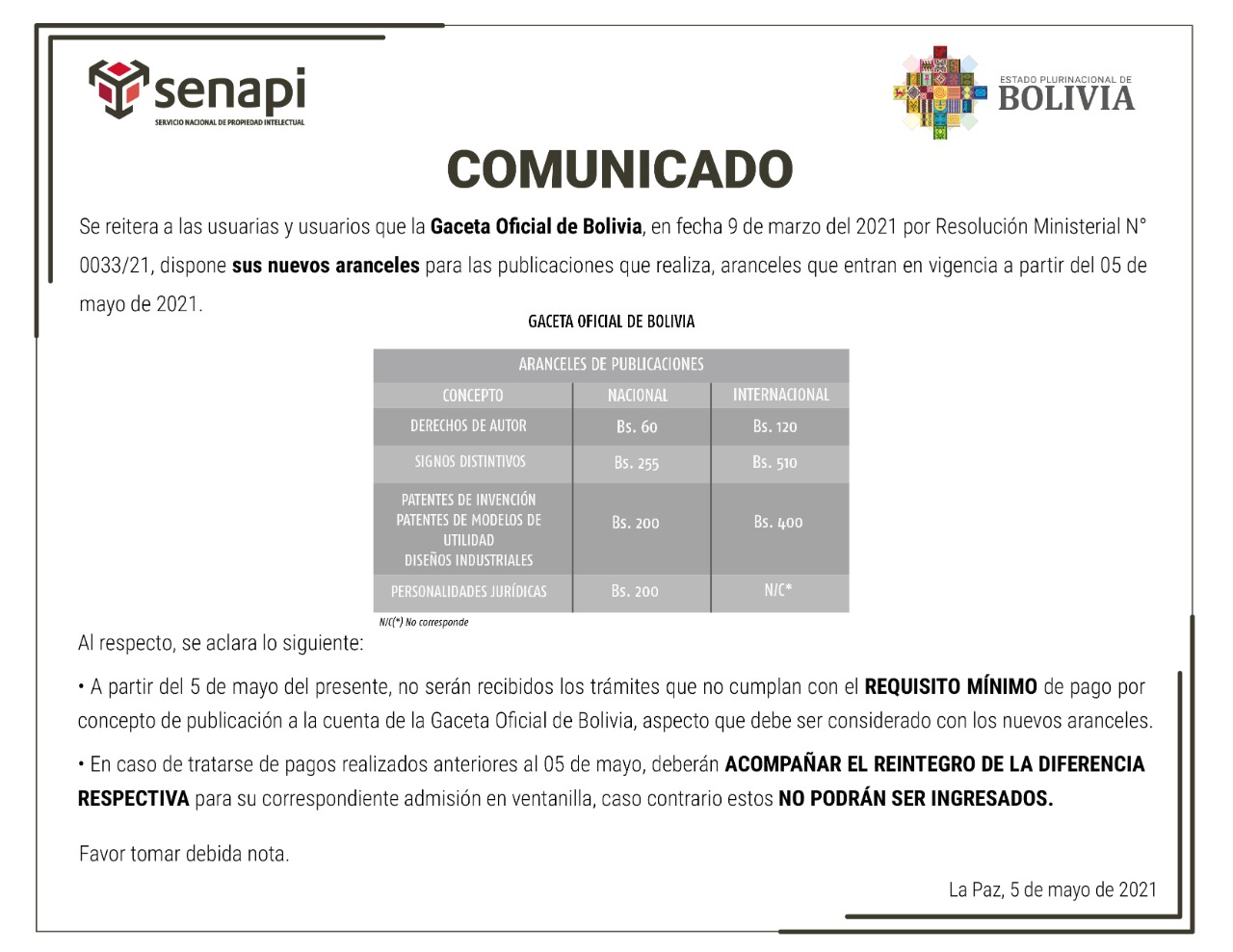 Actualización de Aranceles de Publicaciones de Gaceta Oficial de Bolivia