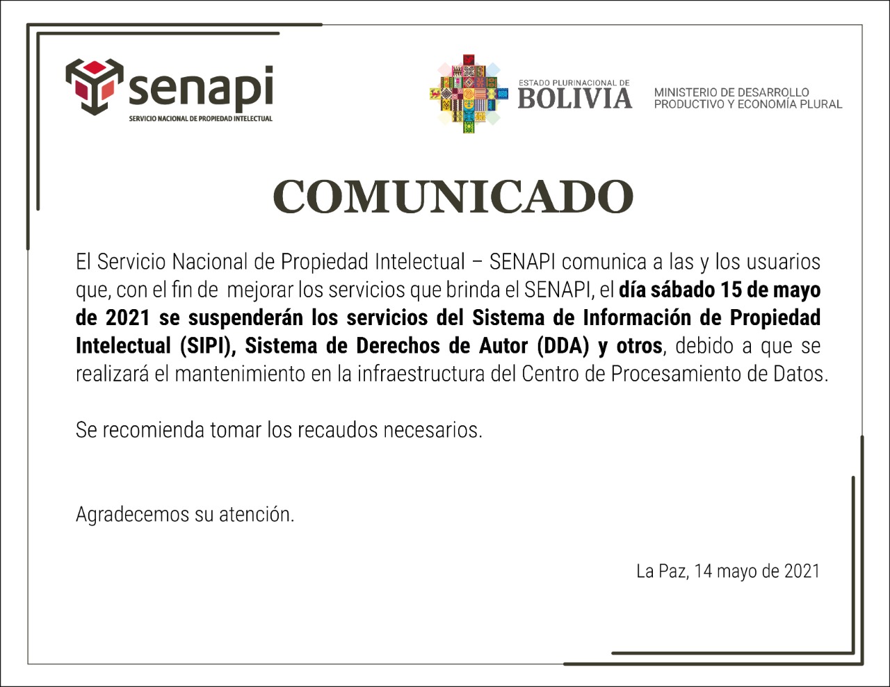 Suspensión de servicios de Sistemas de información de SENAPI