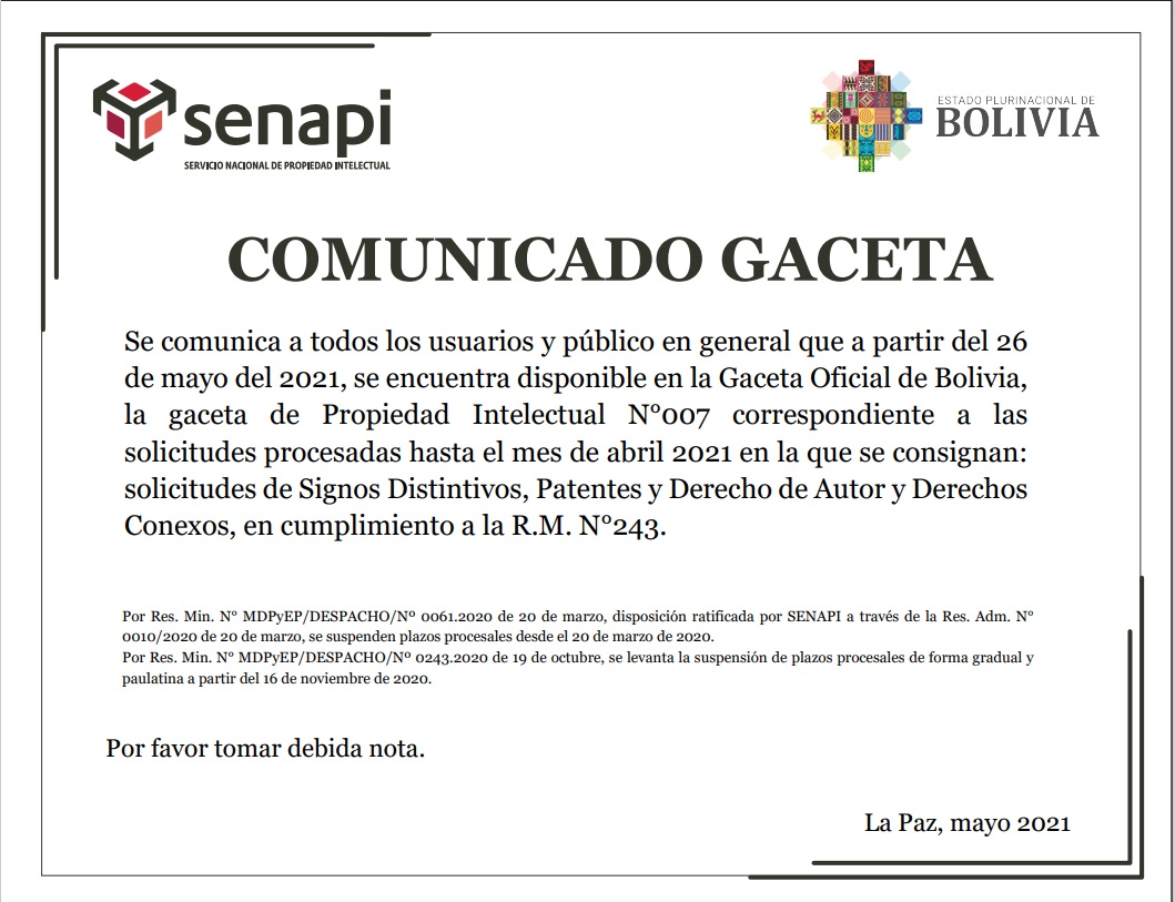 Gaceta N°007 de Propiedad Intelectual diponible