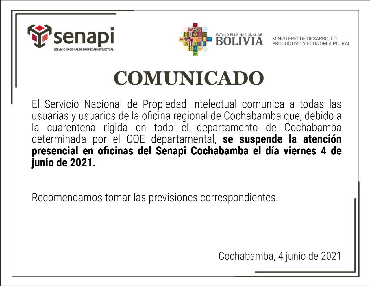 Suspensión de atención presencial en oficina Cochabamba del Senapi el 4 de junio de 2021