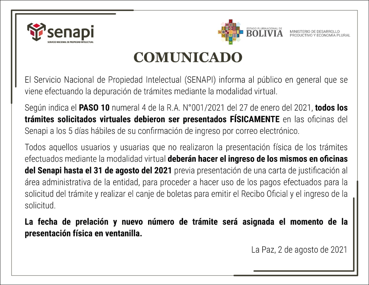 Presentación física de los trámites efectuados mediante la modalidad virtual hasta el 31 de agosto de 2021