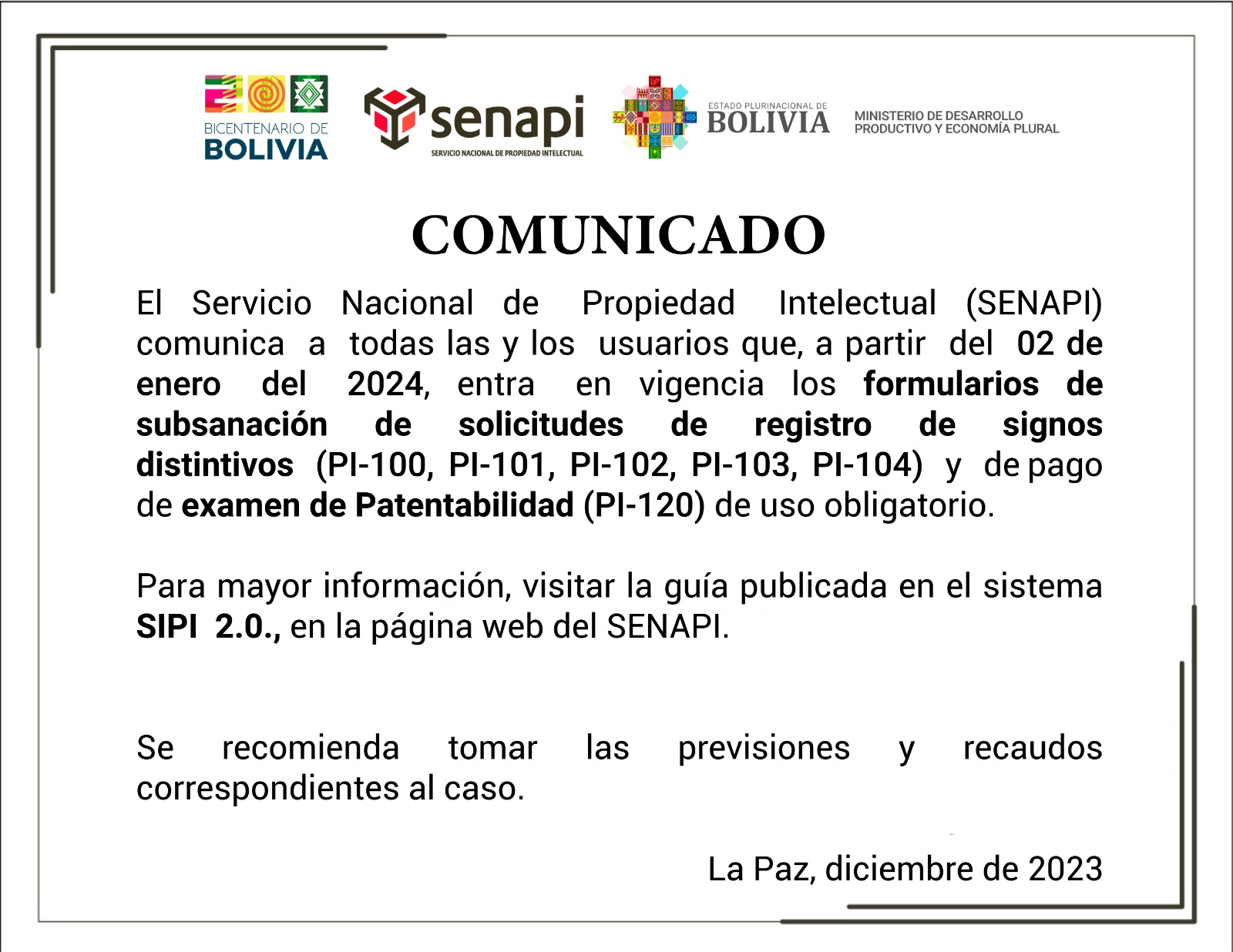 Comunicado: Aplicación de Firma Digital en Titulos y Resoluciones de Signos Distintivos y Patentes