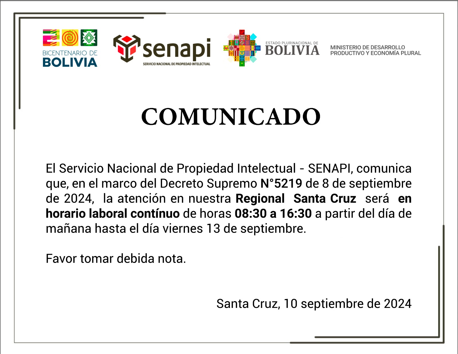 Comunicado - Horario continuo Oficina Regional Santa Cruz