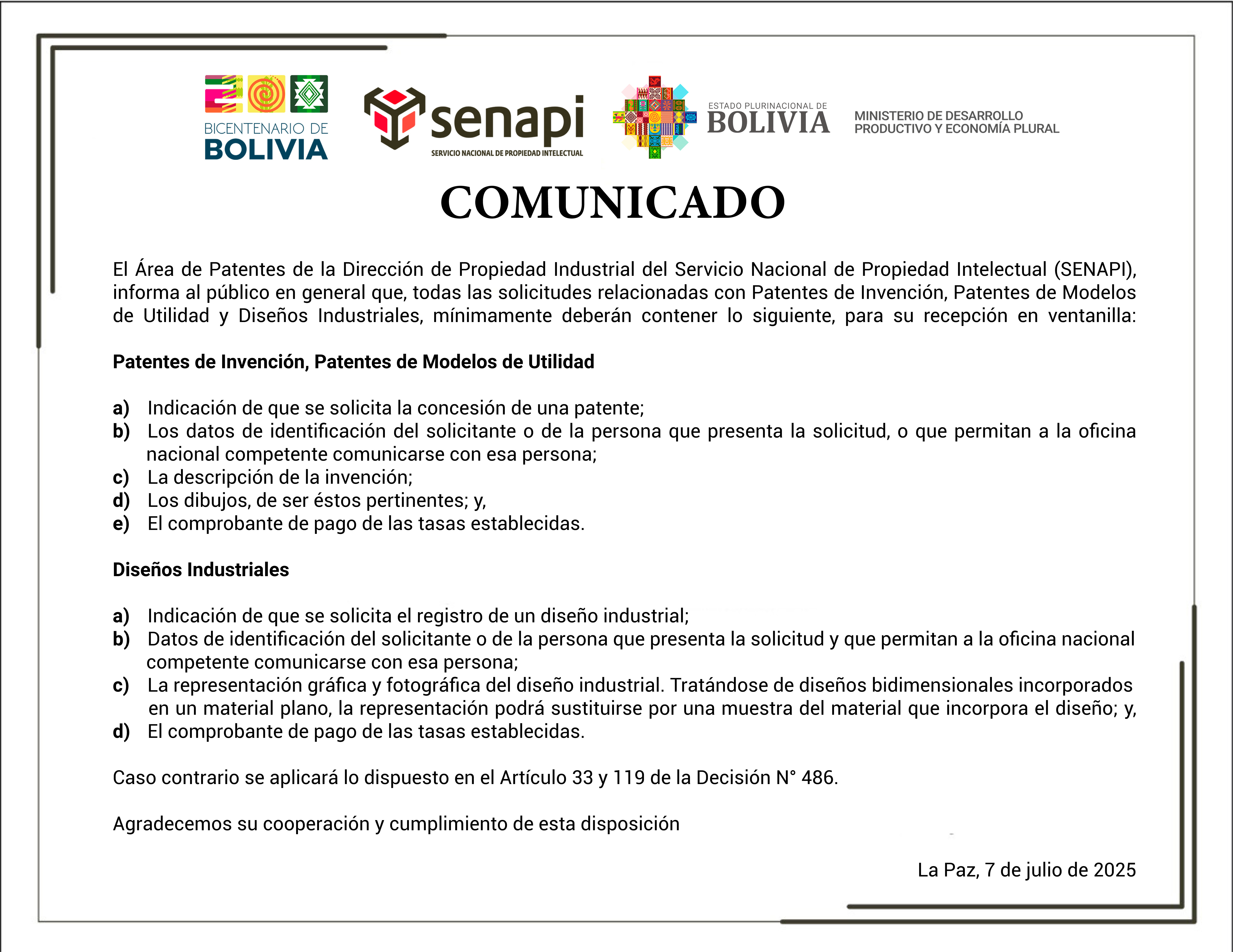 Comunicado de Actualización de requisitos de Patentes de invención, modelos de utilidad y diseños industriales Comunicado de Actualización de requisitos de Patentes de invención, modelos de utilidad y diseños industriales