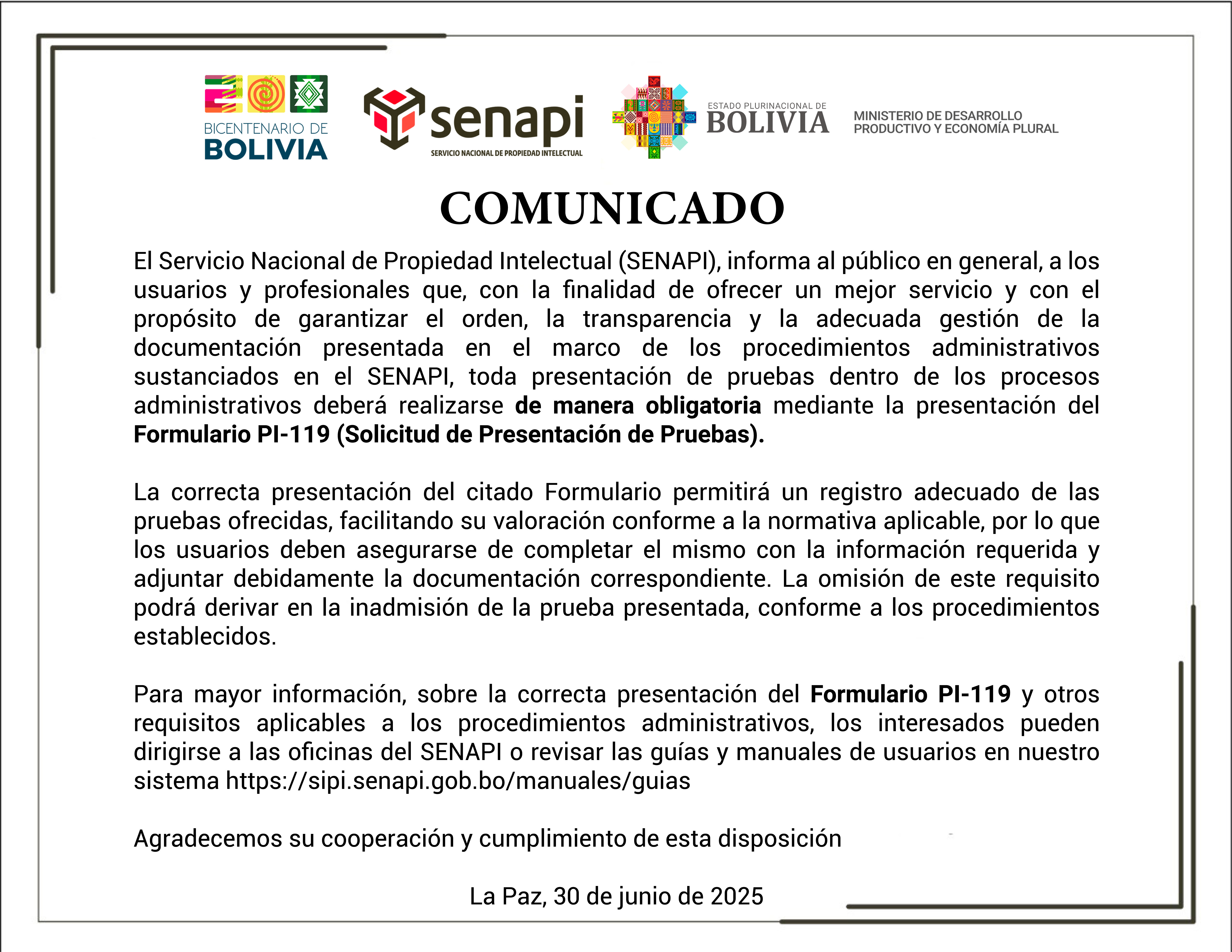 Comunicado de Solicitud de presentación de Pruebas Comunicado de Solicitud de presentación de Pruebas