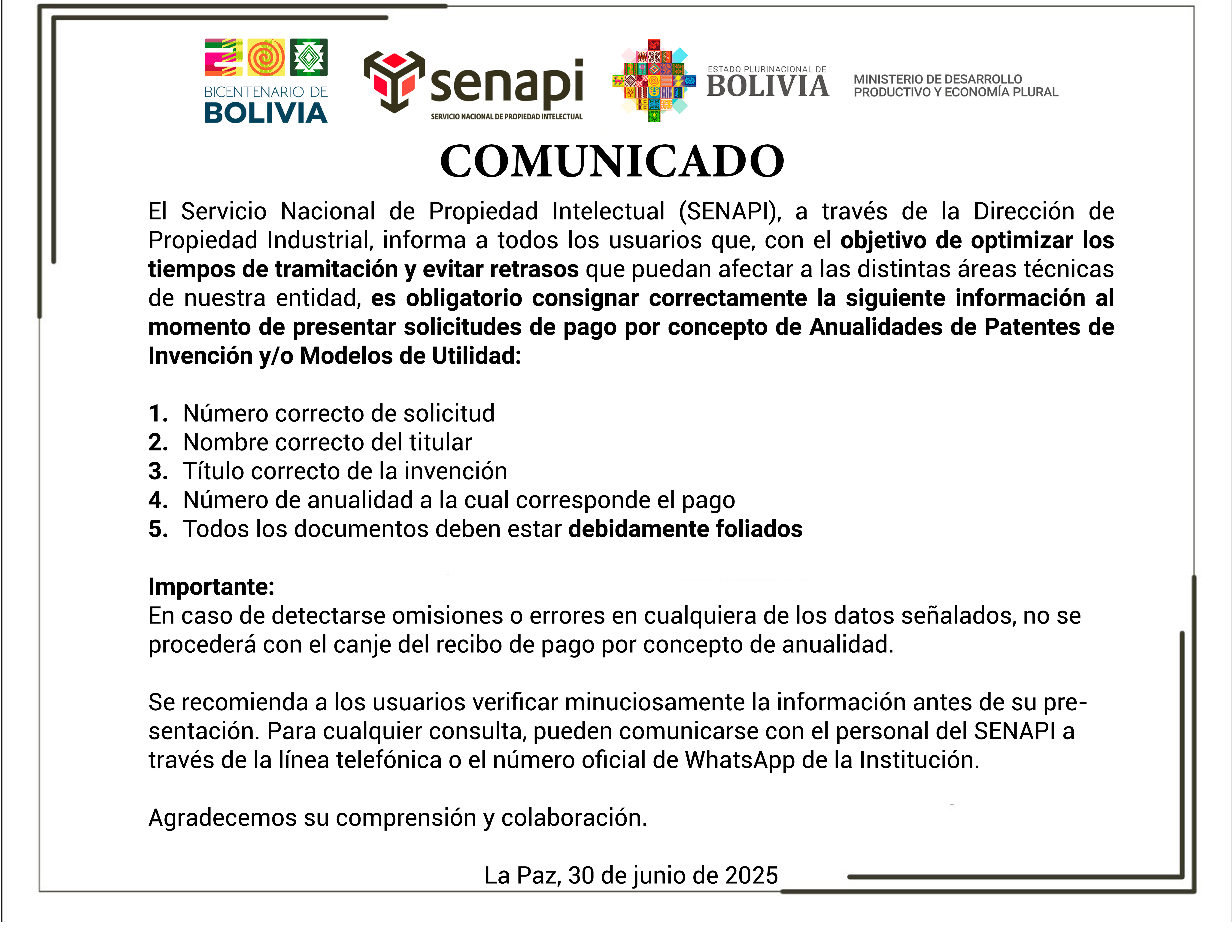 Comunicado pago de anualidad de patentes de invención y/o modelos de utilidad Comunicado pago de anualidad de patentes de invención y/o modelos de utilidad