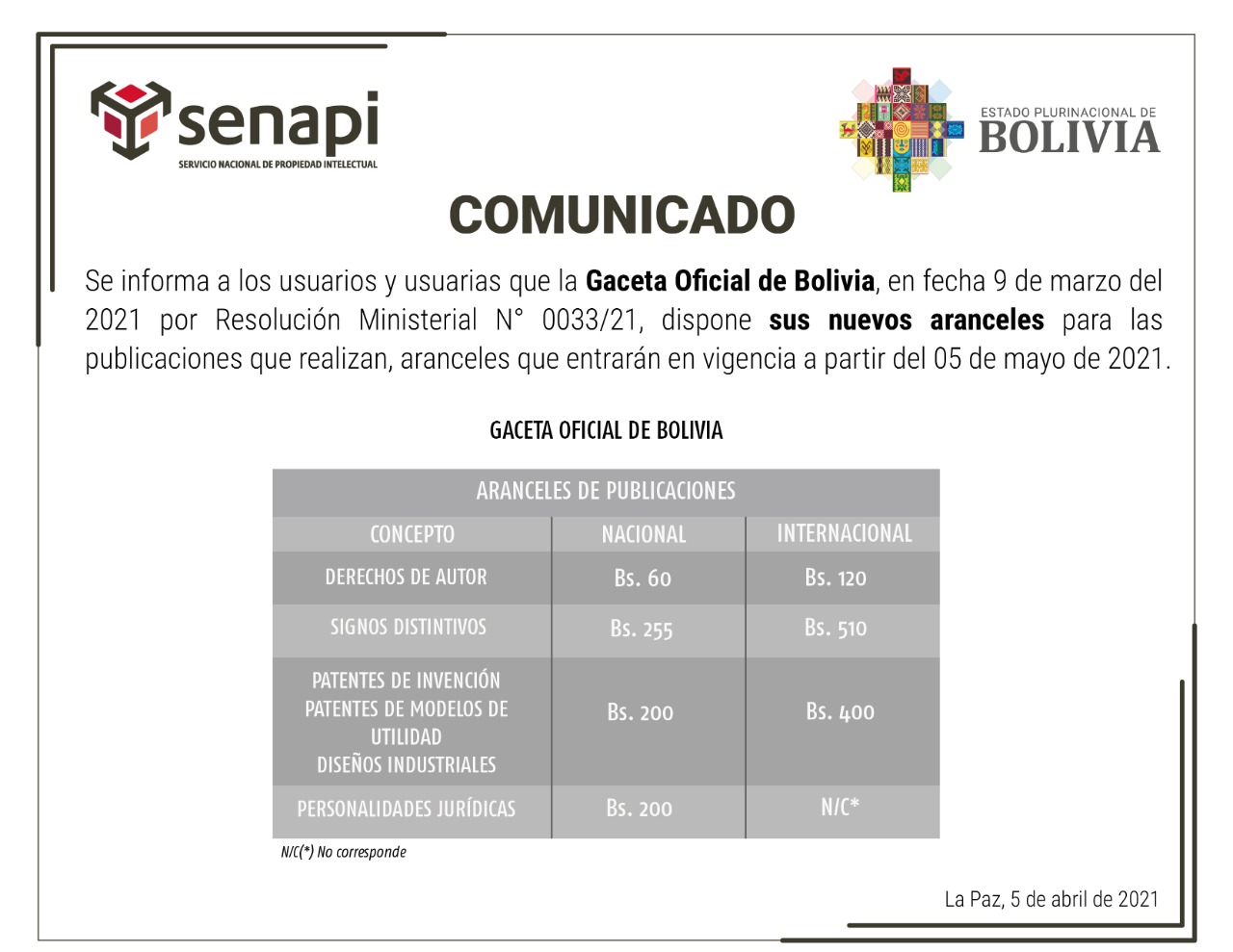 Aranceles de Publicaciones de Gaceta Oficial de Bolivia